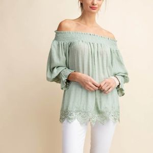 Kori America Swiss Dot off shoulder top in Sage!